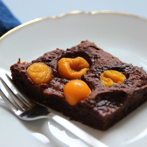 Schokoladenbrwonie mit Physalis und Zartbitterschokolade von VIVANI gegen Mama Blues