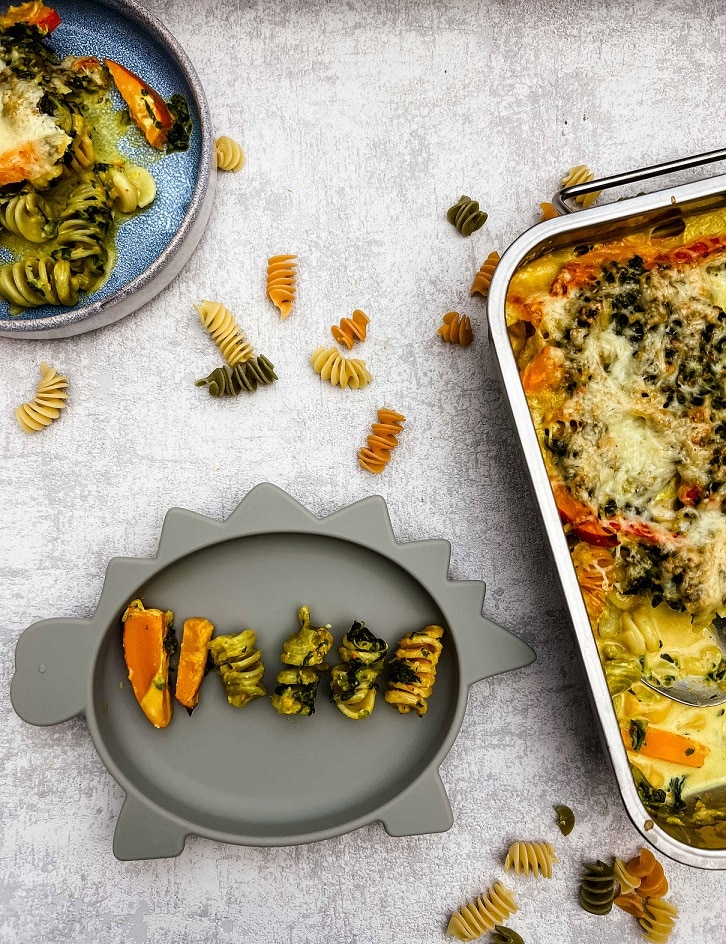 Nudelauflauf mit Kürbis und Spinat für Kinder
